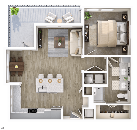 Floor plan for 1 bed, 1 bath, 793 sqft